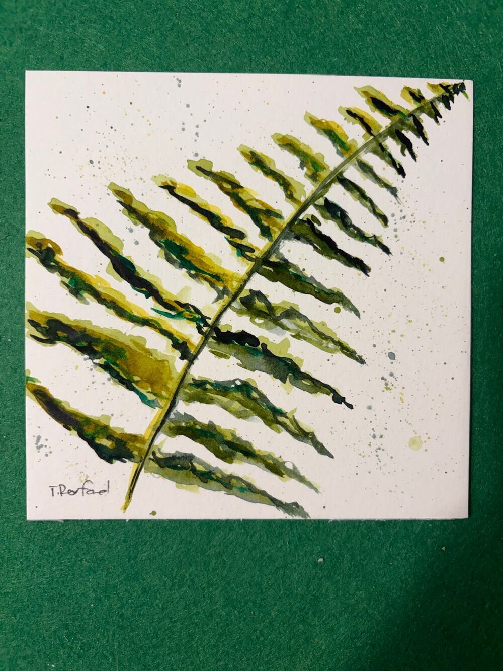 Hand painted watercolor original painting green fern leaf loose style
